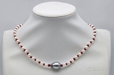 Collana perle akoya da 5.5 a 6/rubini/perla tahiti