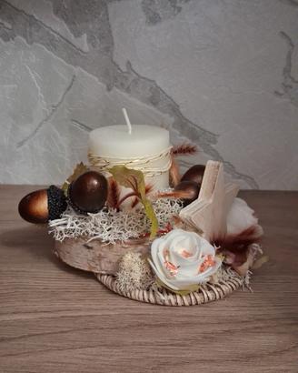 centrotavola artigianale con candela e legno