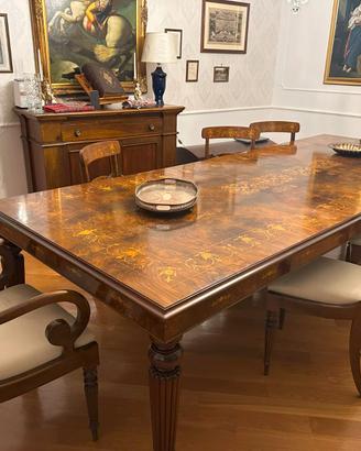 Tavolo Inglese antico intarsiato a mano 8+2