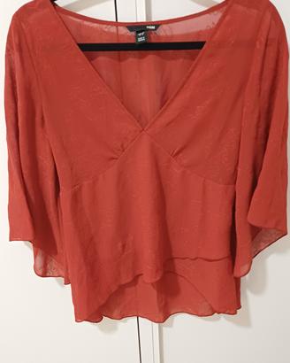 Blusa H&M rossa scollo a V, trasparente con ricami