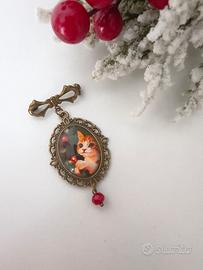 spilla cammeo  natalizia  in stile vintage gatto