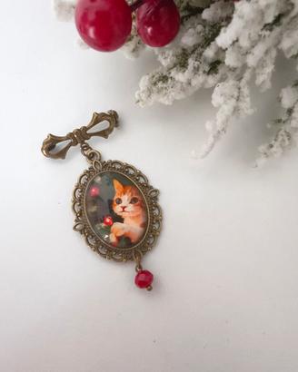 spilla cammeo  natalizia  in stile vintage gatto