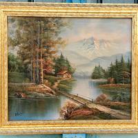 Quadro paesaggio con fiume dipinto su tela a olio.