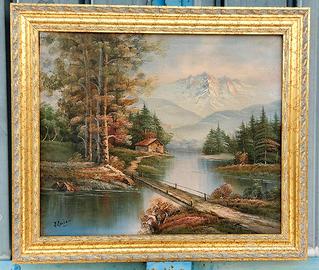 Quadro paesaggio con fiume dipinto su tela a olio.