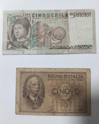  2 banconote 5000 da Messina e 5 Lire Impero  1950
