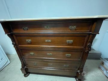 Cassettiera antica in noce con paino in marmo