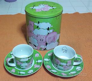 Set Biscottiera in Latta e 2 Tazze con Piattino