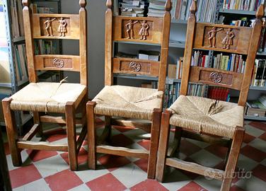 sedie tre intagliate impagliate legno massello