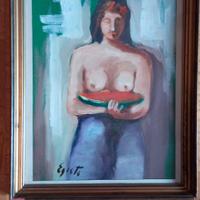 Donna con anguria-Olio su carta in cornice