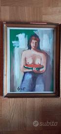 Donna con anguria-Olio su carta in cornice