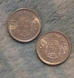 Lotto di 2 monete da 5 Pesetas 1975 Spagna 