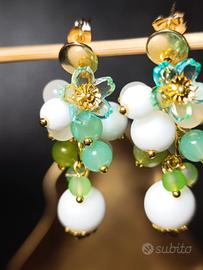 orecchini giada verde,Bianca,fiori,acciaio