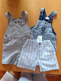 2 salopette  e 1 paio calzoncini cotone 9/12 mesi