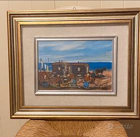 Quadro, pittura su tela, accampamento su spiaggia