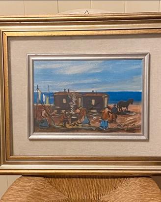 Quadro, pittura su tela, accampamento su spiaggia