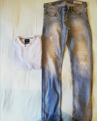 Only & Sons camicia celeste righe pantaloni jeans 