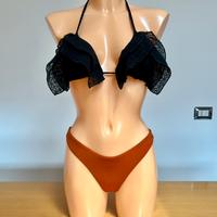 F**K - bikini con volant nero e arancione