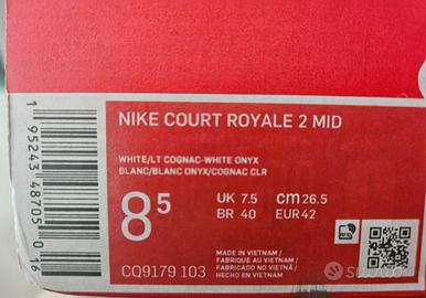 Nike court royale 2 mid white/cognac taglia eur 42