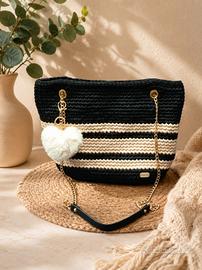 borsa fettuccia nero e beige