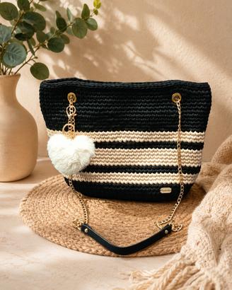 borsa fettuccia nero e beige