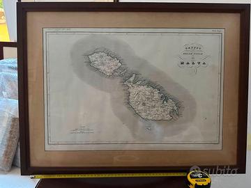 Incisione antica. Mappa isole di Malta. Cornice.