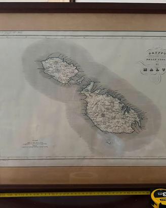 Incisione antica. Mappa isole di Malta. Cornice.