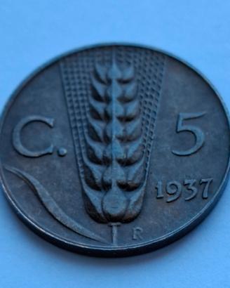 Moneta regno 5 centesimi spiga 1937 rara