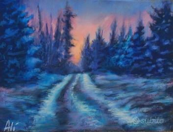 dipinto a pastello paesaggio invernale neve