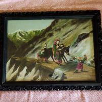 Quadro panorama montagna personaggi dipinto a mano