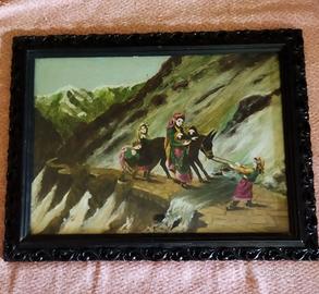 Quadro panorama montagna personaggi dipinto a mano
