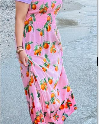 Vestito lungo estivo rosa con stampa arance frutta