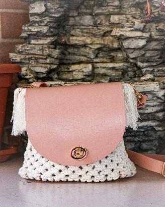 BORSA MACRAMÈ E CUOIO ROSA – 100% COTONE & DETTAGL