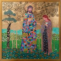 Quadro Gesù 70x70cm foglia oro e acrilic su tavola