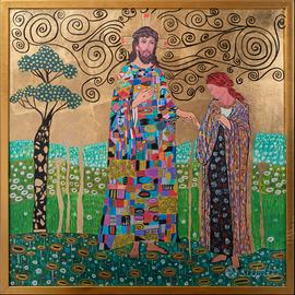 Quadro Gesù 70x70cm foglia oro e acrilic su tavola