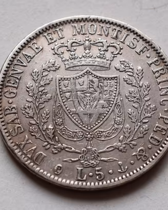 5 LIRE 1827 GENOVA CARLO FELICE –REGNO DI SARDEGNA
