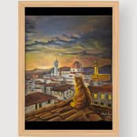 Quadro Gatto e tramonto  - Olio su cartoncinino