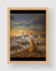 Quadro Gatto e tramonto  - Olio su cartoncinino