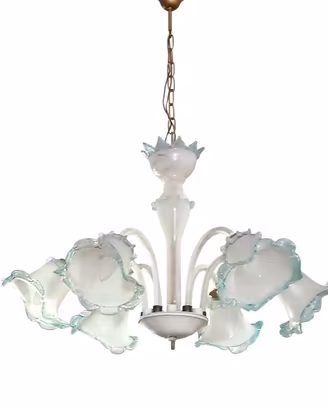 Lampadario 5 Luci Vetro Murano Bianco Azzurro