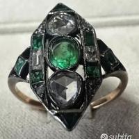 Anello antico art deco diamanti rose e smeraldi
