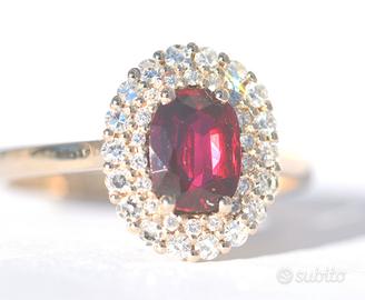 Anello Oro 18kt 38 diamanti bianchi e Rubino rosso