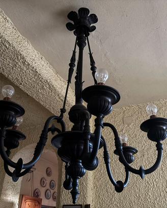 Lampadario vintage in ottone brunito 6 bracci