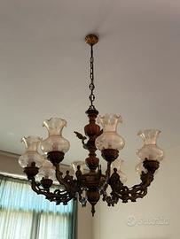 Lampadario Vintage vetro ottone e legno