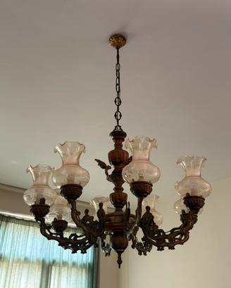 Lampadario Vintage vetro ottone e legno