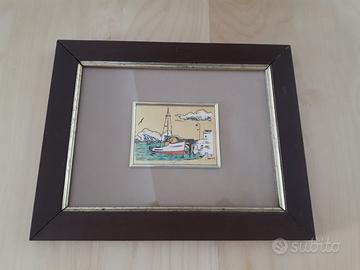 QUADRO BARCA PESCHERECCIO IN PORTO - CORNICE LEGNO
