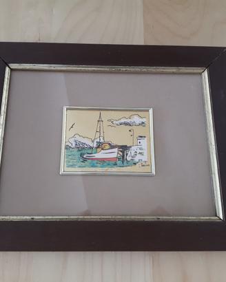 QUADRO BARCA PESCHERECCIO IN PORTO - CORNICE LEGNO