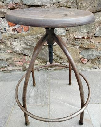 Sgabello girevole ferro legno vintage industriale