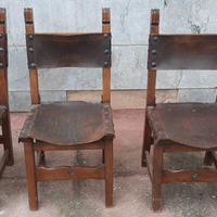 Set 3 sedie antiche in legno e cuoio originale