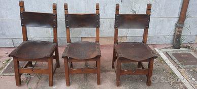 Set 3 sedie antiche in legno e cuoio originale
