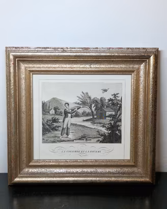 Incisione d'epoca XIX sec La Colombe et la Fourmi