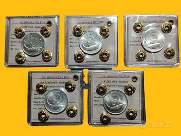 Cinque lire delfino periziate anni 1951/1955.